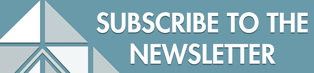 Teal background with white text saying 'Subscribe To The Newsletter' next to a geometric triangle design. Clean and informative tone.